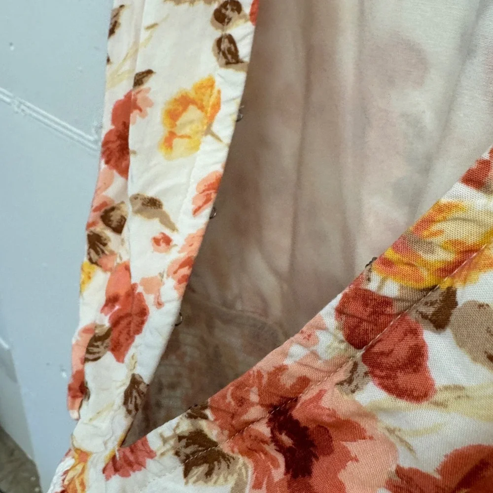 Abercrombie & Fitch Floral Smocked Waist Puff Sleeve V-Neck Blouse Orange Medium